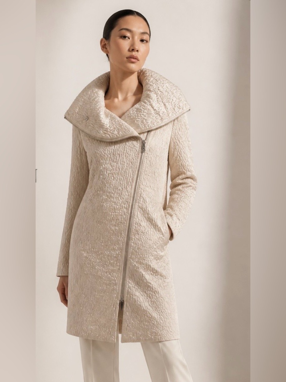 SAMUEL DONG Coat Quilted Crinkle Draped Shawl Collar Beige Asymmetrical Zipper